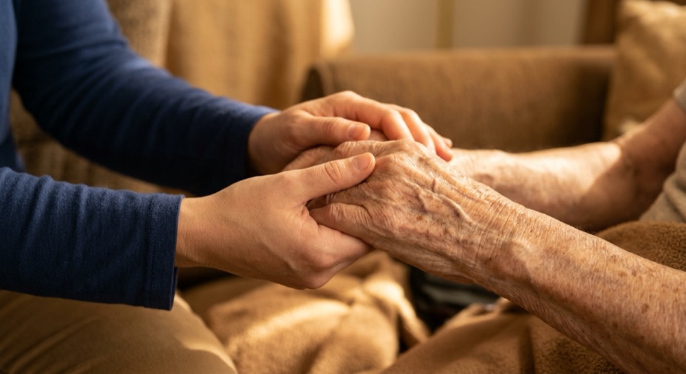 A caregiver holding an elderly person\'s hands