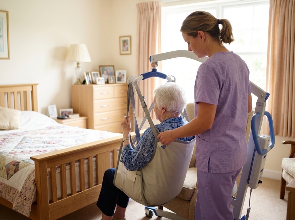 Caregiver assisting an elderly person with a patient hoist at home